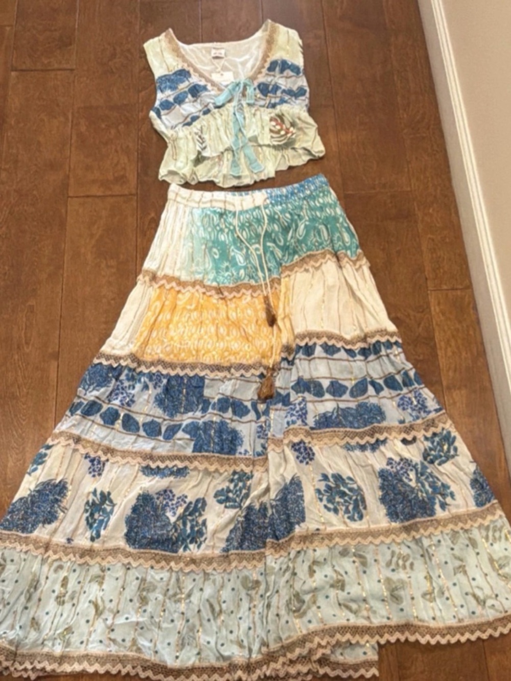 Boho Tiered Maxi Skirt in Blue, Yellow & Cream